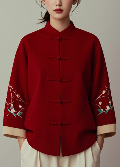 New Red Stand Collar Button Print Cotton Coat Fall