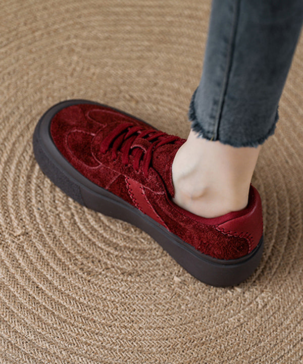 Red Lace Up Suede Splicing Platform Flat Shoes