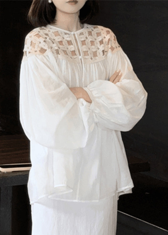 Stylish White O-neck Wrinkled Hollow Out Silk Cotto Shirts Fall