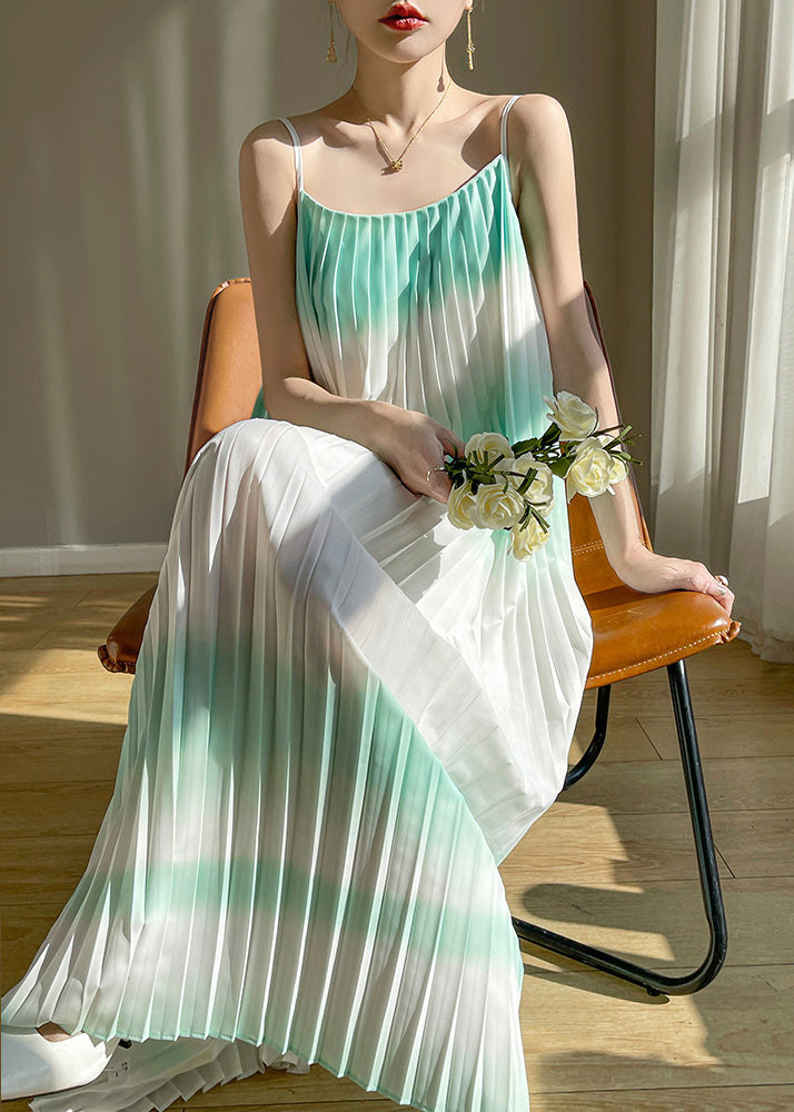 Green Wrinkled Cotton Spaghetti Strap Dress Sleeveless