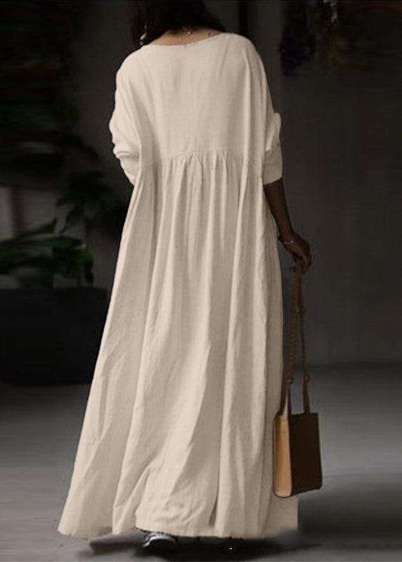 Beige O Neck Patchwork Cotton Ankle Dress Spring