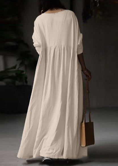 Beige O Neck Patchwork Cotton Ankle Dress Spring
