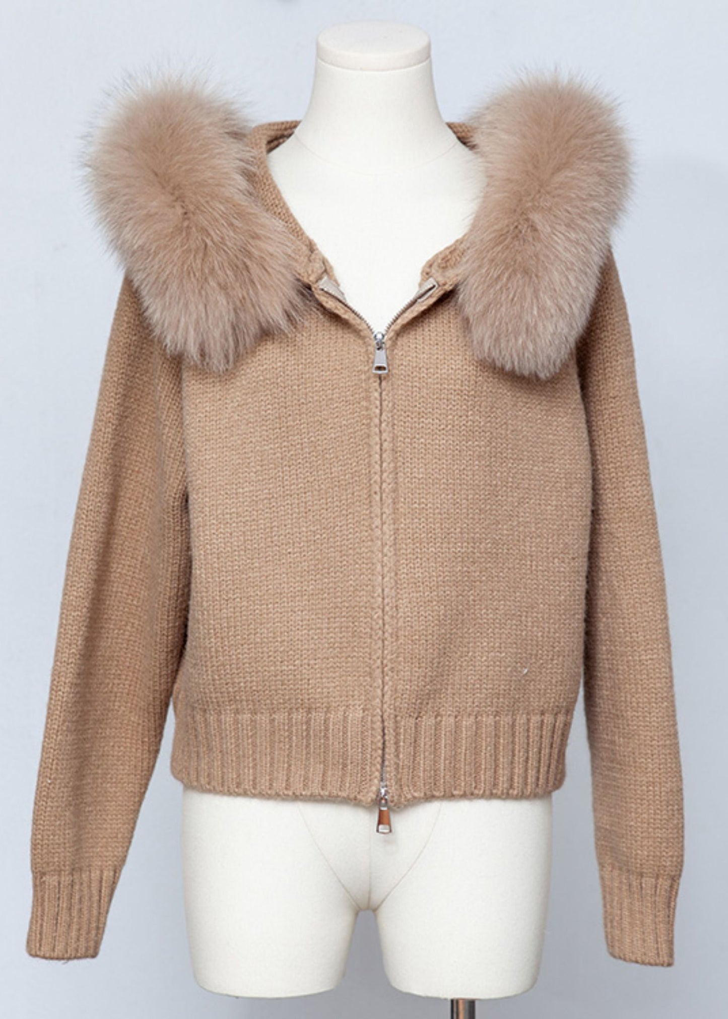 Coffee Zippered Patchwork Knit Fall Coats Hooded