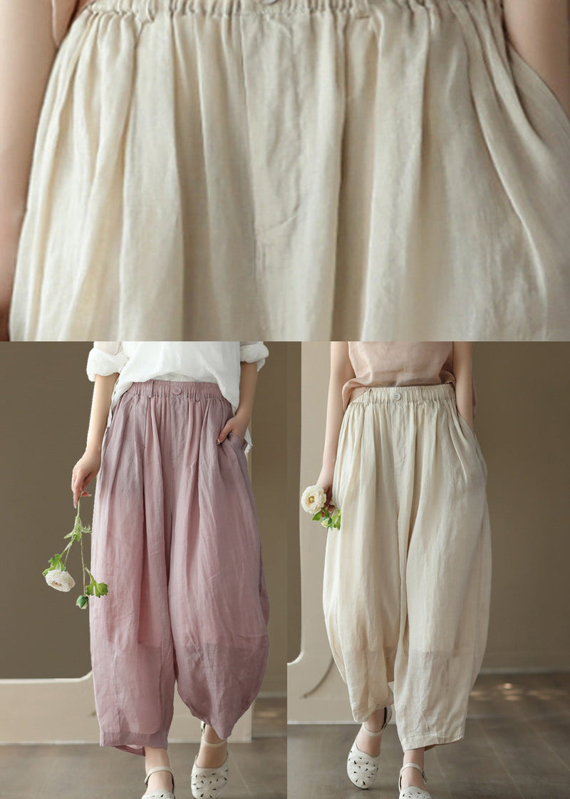 Brief Pink Elastic Waist Wide Ramie Leg Pants Summer