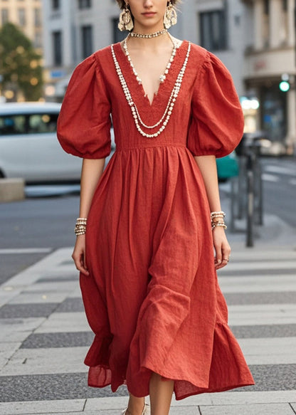 Diy Red Nail Bead Cotton Vacation Dresses Puff Sleeve