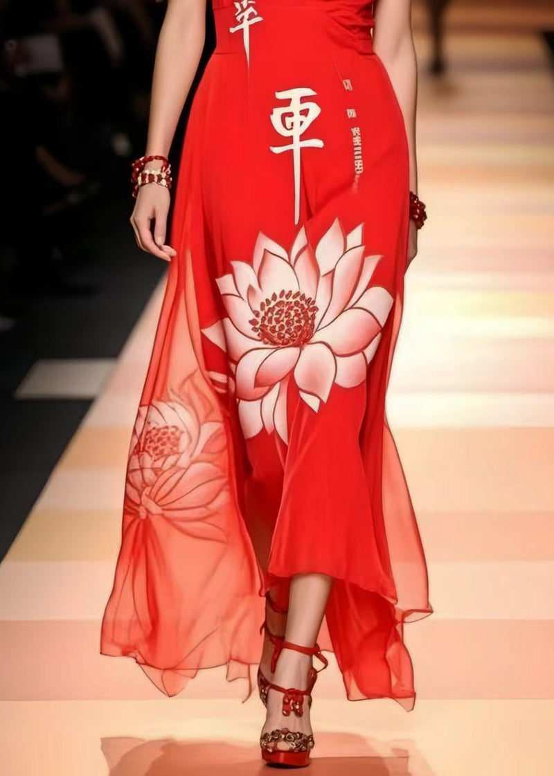 Red Lotus Print Chiffon Cami Dresses Summer