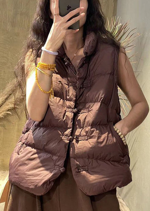 Caramel Stand Collar Button Pockets Cotton Filled Waistcoat Sleeveless