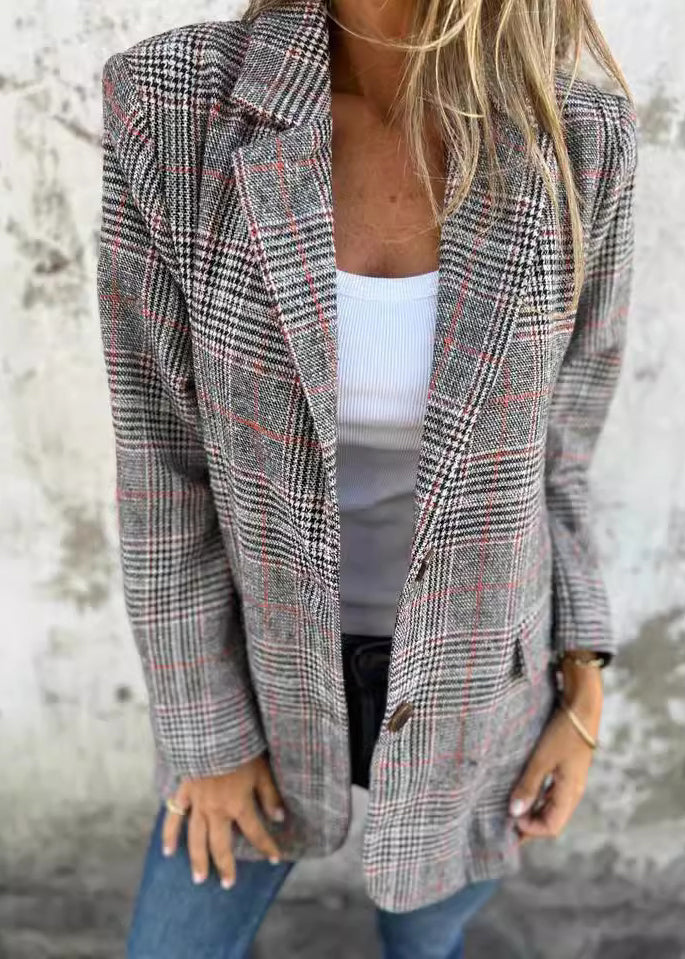Blue Notched Pockets Plaid Cotton Suit Coats Fall