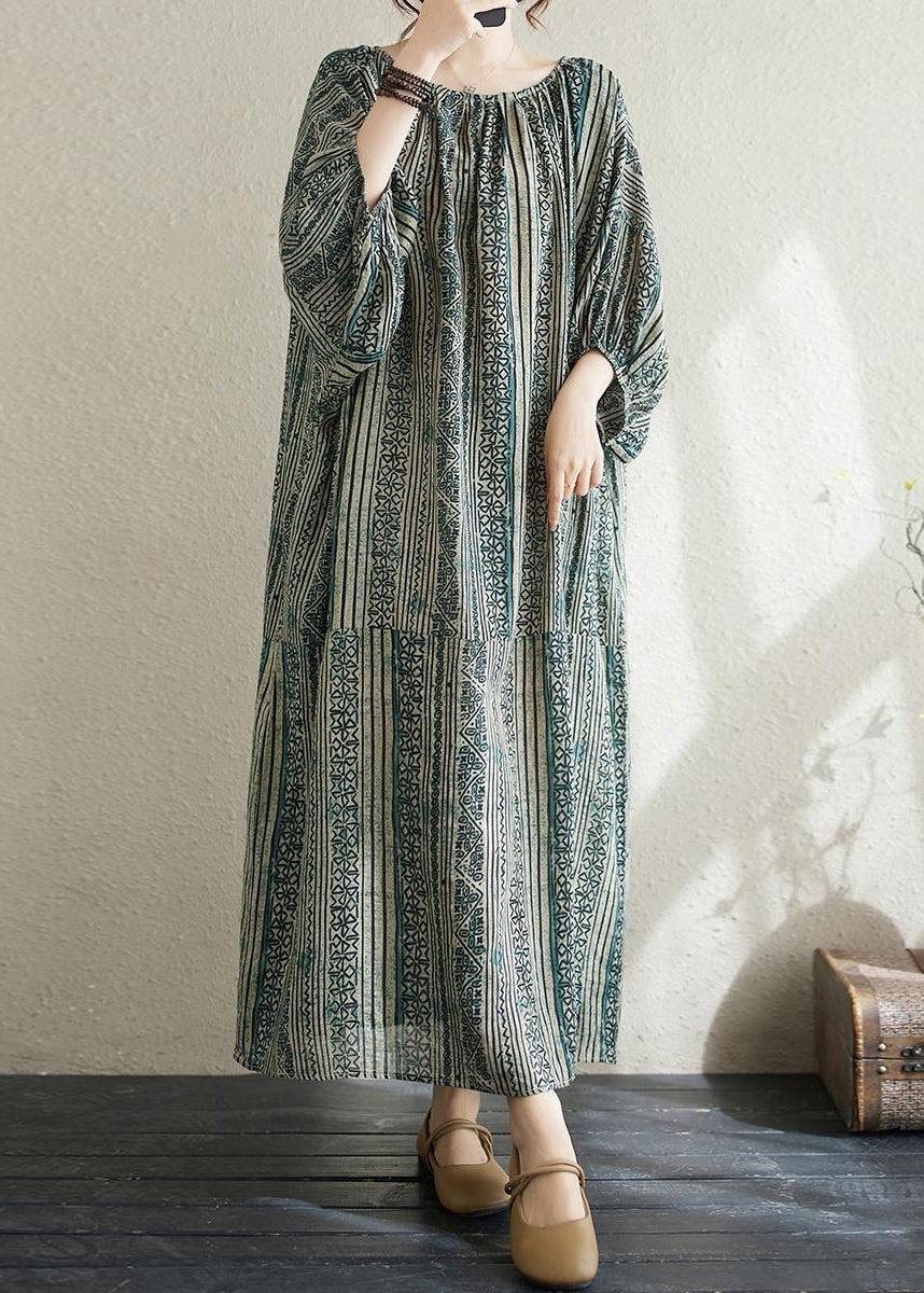 Loose Green O Neck Striped Cotton Long Dress Summer