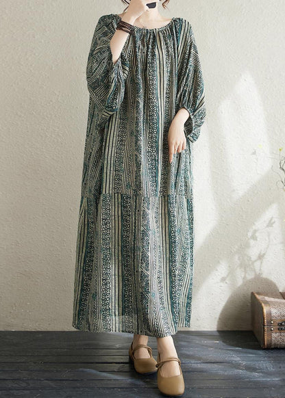 Loose Green O Neck Striped Cotton Long Dress Summer