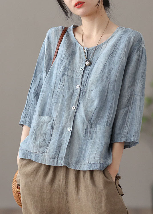 Yellow Patchwork Linen Shirt Tops Pockets Bracelet Sleeve
