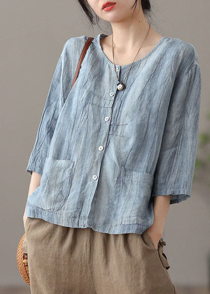 Yellow Patchwork Linen Shirt Tops Pockets Bracelet Sleeve