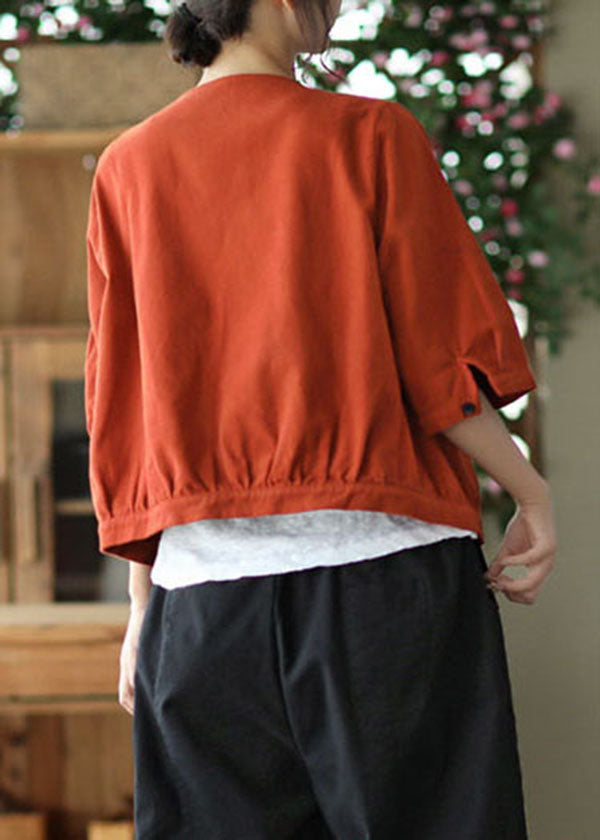Art Red V Neck Button Pockets Color Cotton Coats Bracelet Sleeve