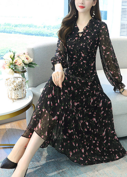 Black Ruffled Print Chiffon Long Dress Spring