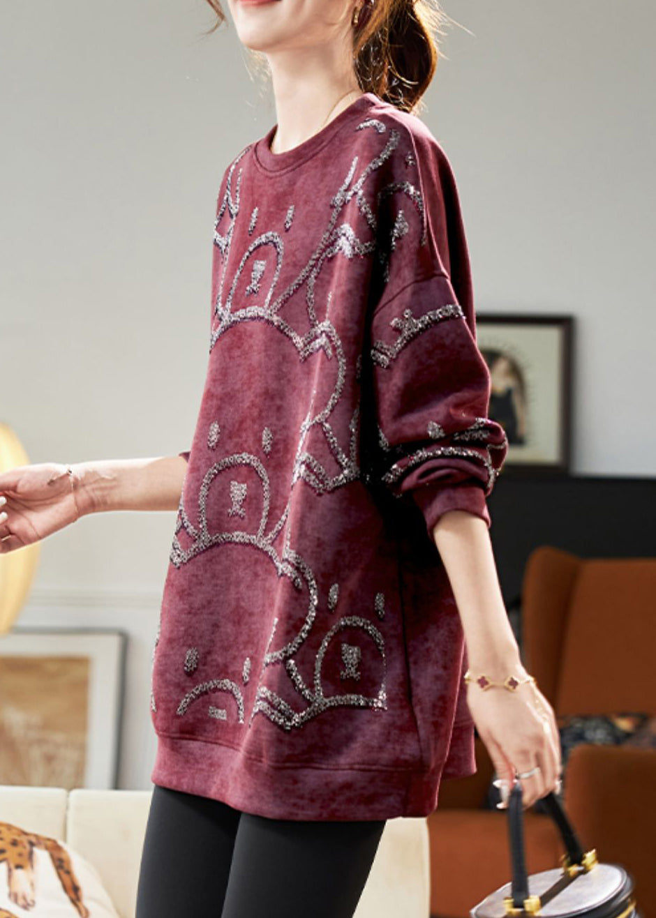 Red O-neck Cozy Sweatshirt Fall