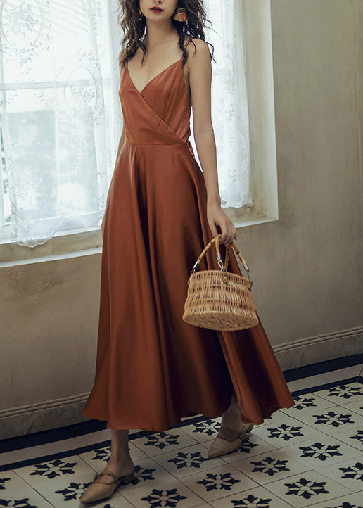 Stylish Caramel Backless Silk Spaghetti Strap Dress Summer