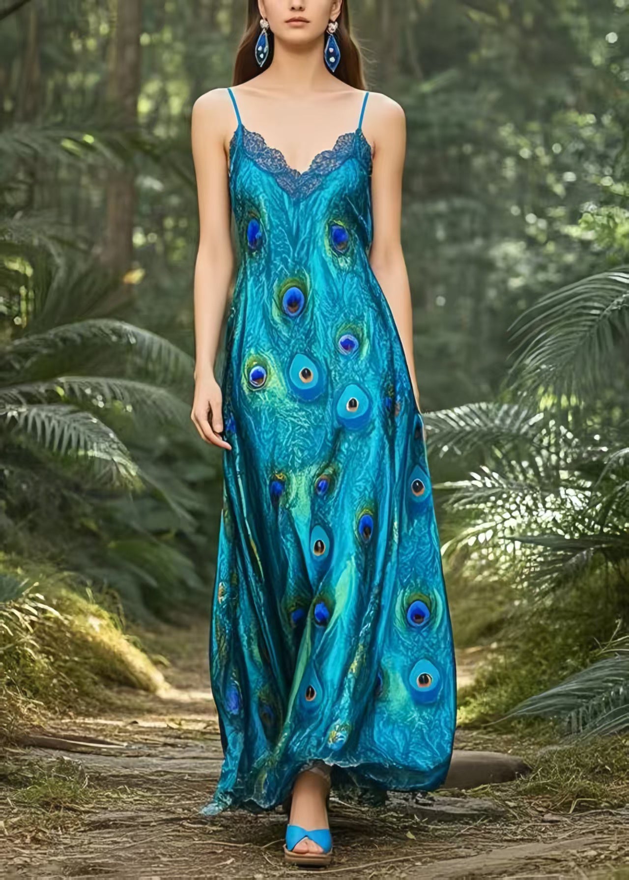 Peacock Blue Print Draping Silk Spaghetti Strap Dress Summer