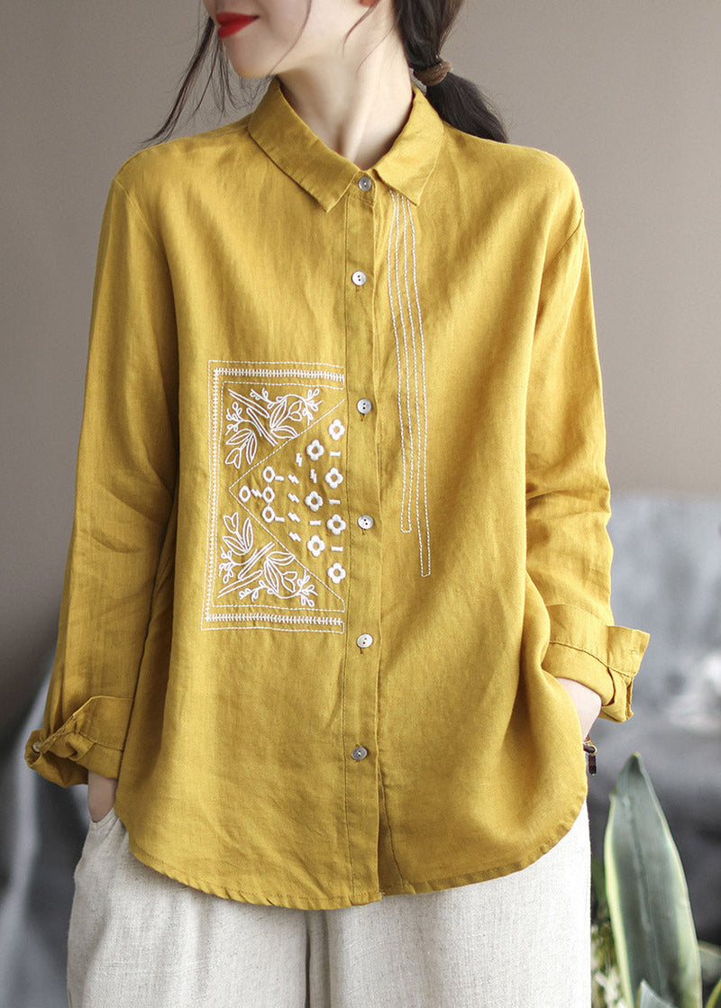 Purple Peter Pan Collar Embroidered Button Linen Shirt Long Sleeve