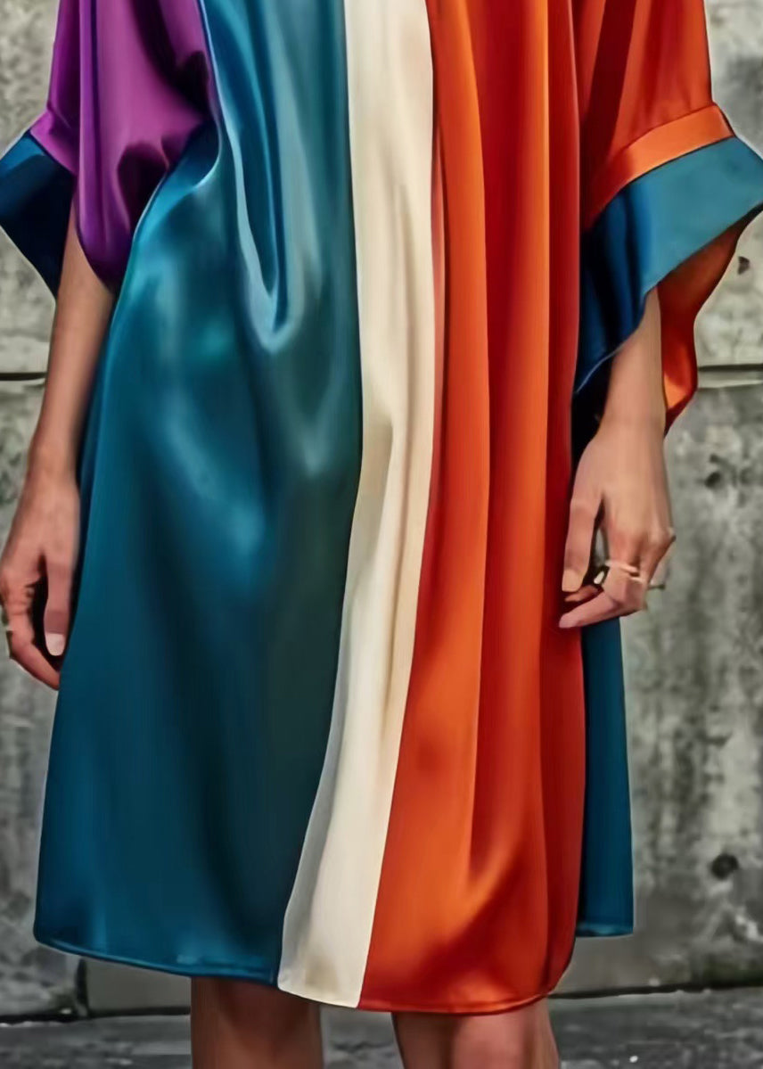 Colorblock Asymmetrical Patchwork Silk Day Dress Summer