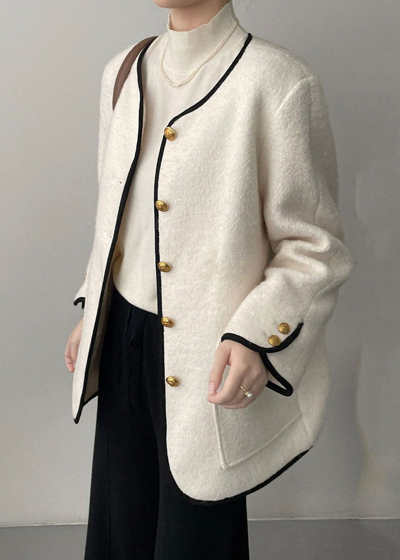 White Pockets Patchwork Woolen Coat Long Sleeve