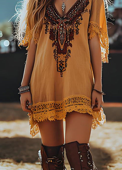 Loose Yellow V Neck Print Lace Patchwork Cotton Mid Dresses Summer
