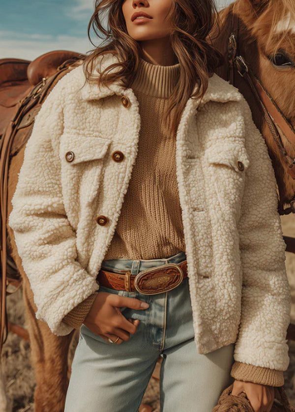 New White Peter Pan Collar Button Faux Fur Coat Winter