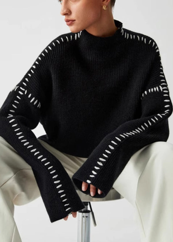 European and American Style Black O Neck Patchwork Knit Sweater Tops Spring