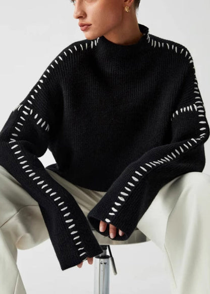 European and American Style Black O Neck Patchwork Knit Sweater Tops Spring