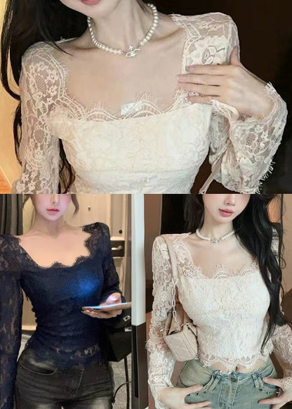 White Square Collar Silm Fit Lace Tops Spring