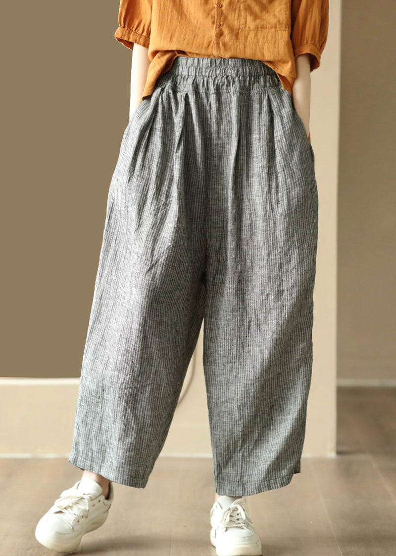 Black Striped Pockets Elastic Waist Linen Harem Pants Summer