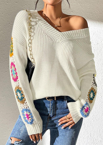 New White V Neck Hollow Ou Embroidered Knit Pullover Spring