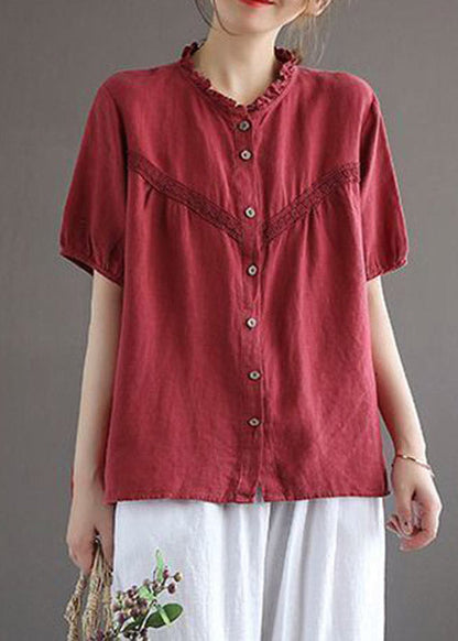 Art Red O-neck Embroidered Button Linen Shirt Lantern Sleeve