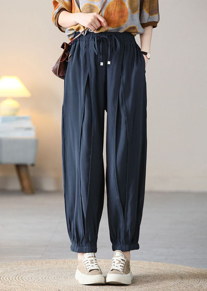 Navy Elastic Waist Drawstring Pockets Silk Harem Pants Fall