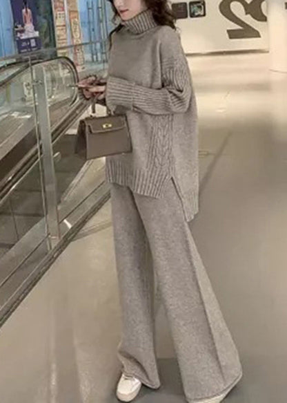 Apricot Hign Neck Sweaters and Pants Knit Two Piece Suit Set Winter