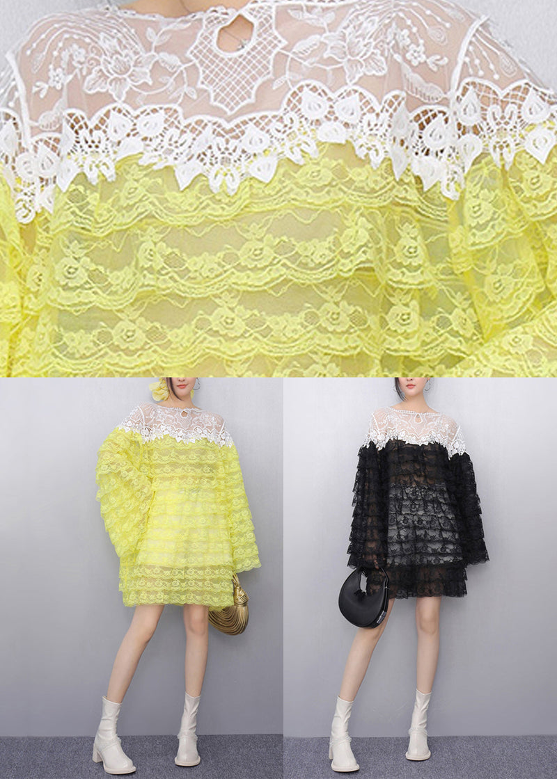 Original Design Yellow O-neck Sheer Knit Lace Tops Fall