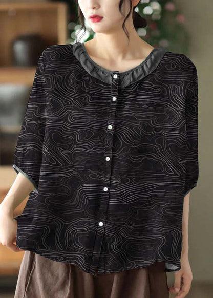 Simple Reddish Black O Neck Patchwork Print Linen Shirt Tops Half Sleeve