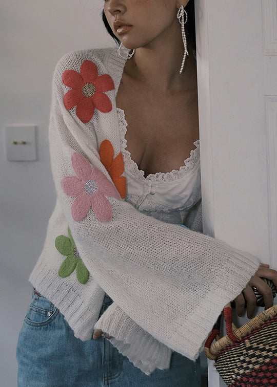 White Button Hollow Out Wool Knit Cardigans Winter