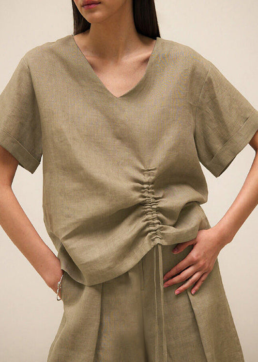 Loose Brown V Neck Drawstring Linen T Shirts Summer