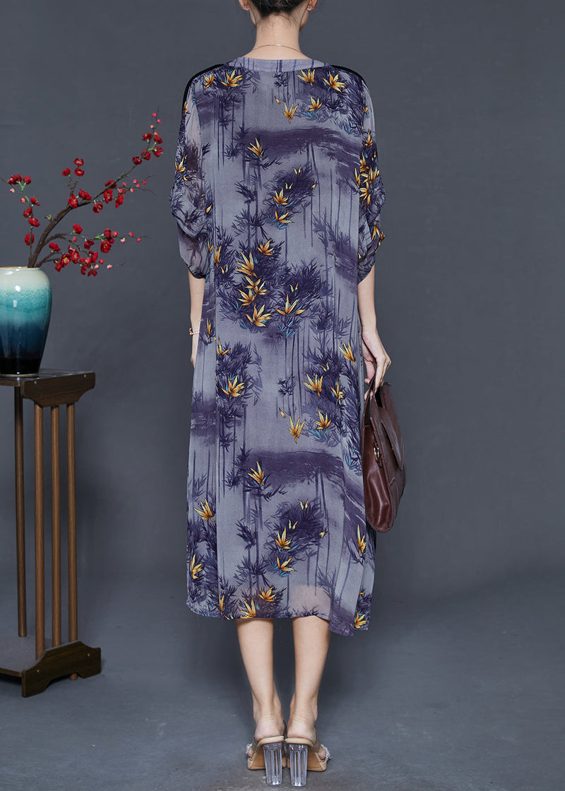 French Purple O-neck Print Chiffon Dresses Bracelet Sleeve