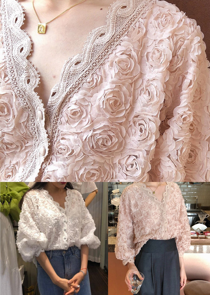 White Button Lace Shirt V Neck Fall