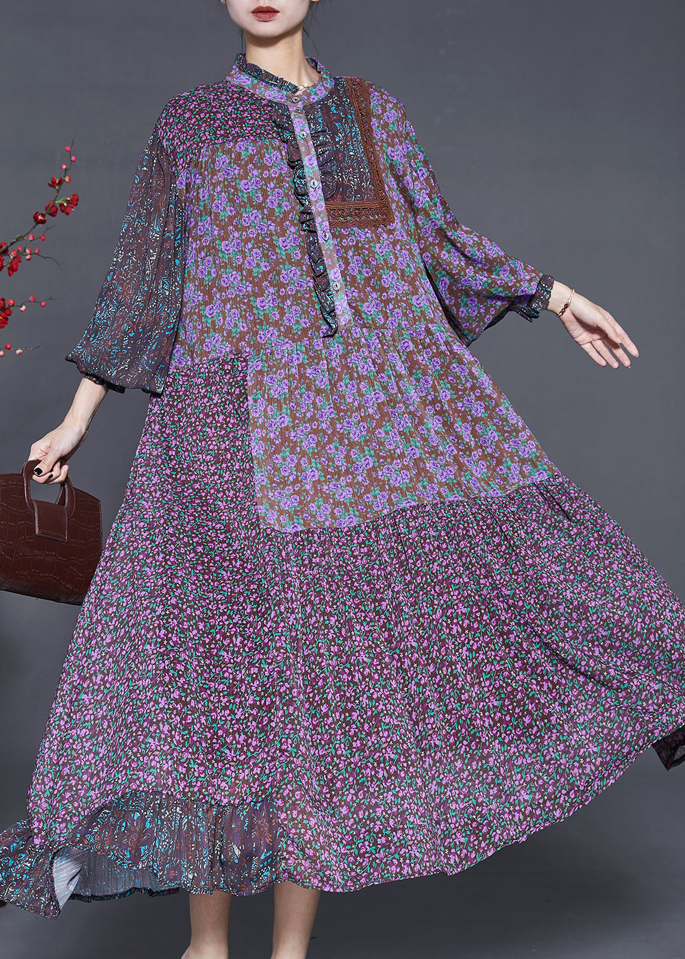 Purple Ruffled Patchwork Chiffon Dresses Summer