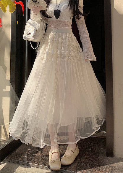 Beige Elastic Waist Tulle Skirt Summer