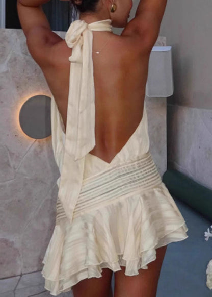 Beige Backless Patchwork Silk Dress Sleeveless