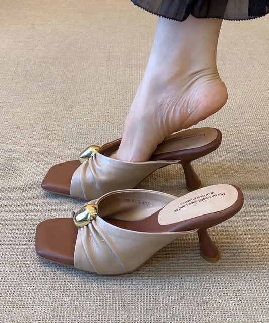 Apricot Cowhide Leather Splicing High Heels Slide Sandals Peep Toe