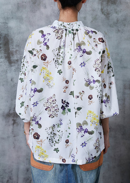White Print Lace Up Chiffon Shirts Summer