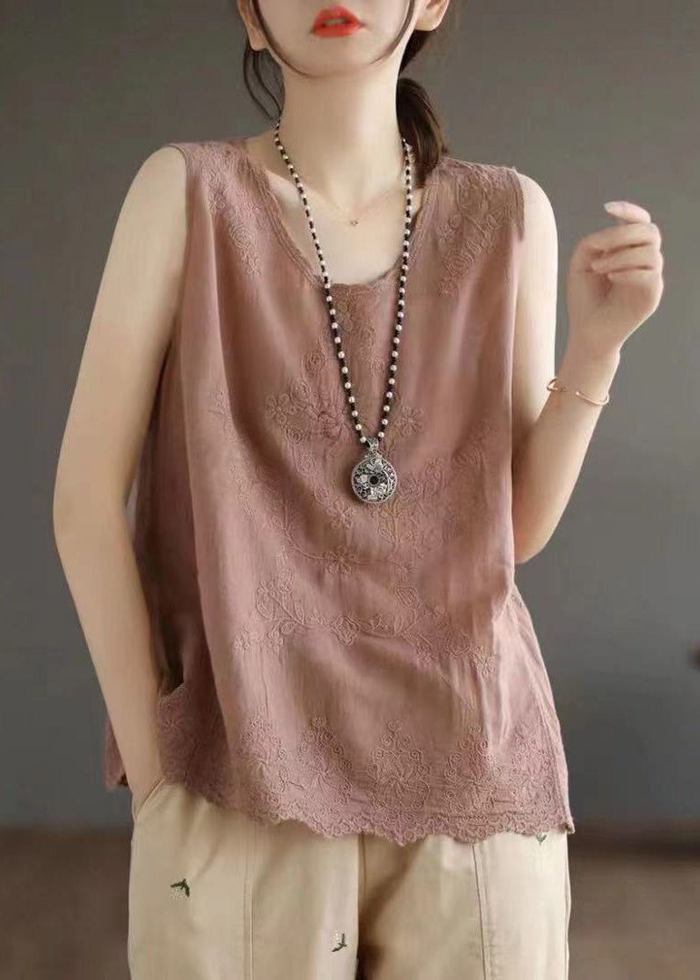 Skin Pink Embroidered Cotton Vest Sleeveless