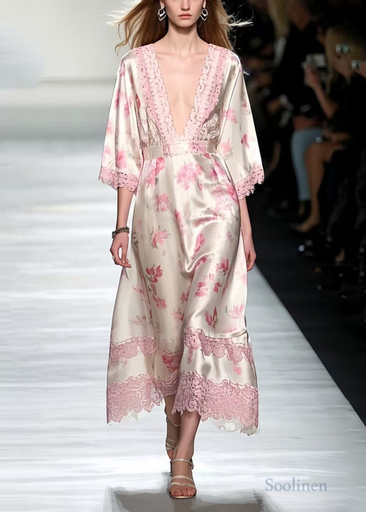 Unique Pink Print Patchwork Lace Silk Maxi Dresses Bracelet Sleeve