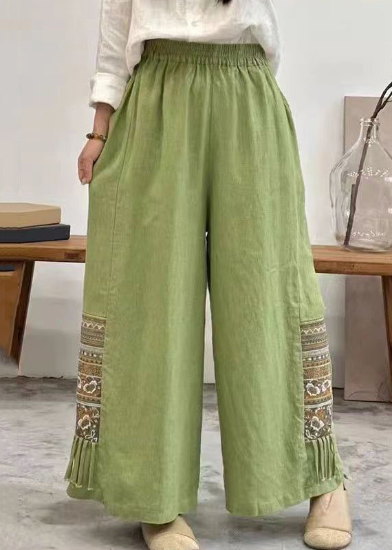Linen Embroidered Pockets Elastic Waist Cotton Wide Leg Pants Summer