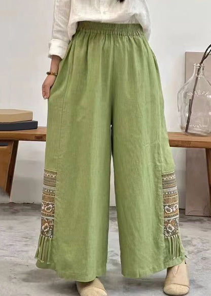 Linen Embroidered Pockets Elastic Waist Cotton Wide Leg Pants Summer