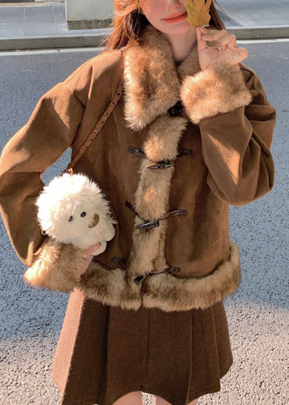 Brown Oversized Patchwork Faux Suede Coat Winter